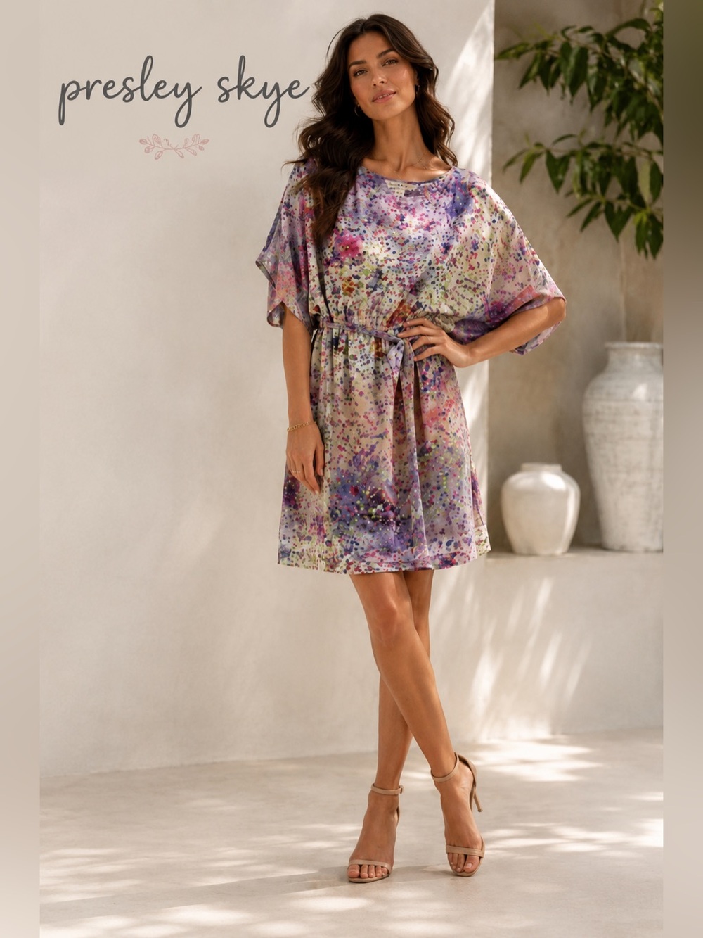 Presley Skye 100% Silk Abstract Watercolor Tie Waist Dress M Wedding Romantic